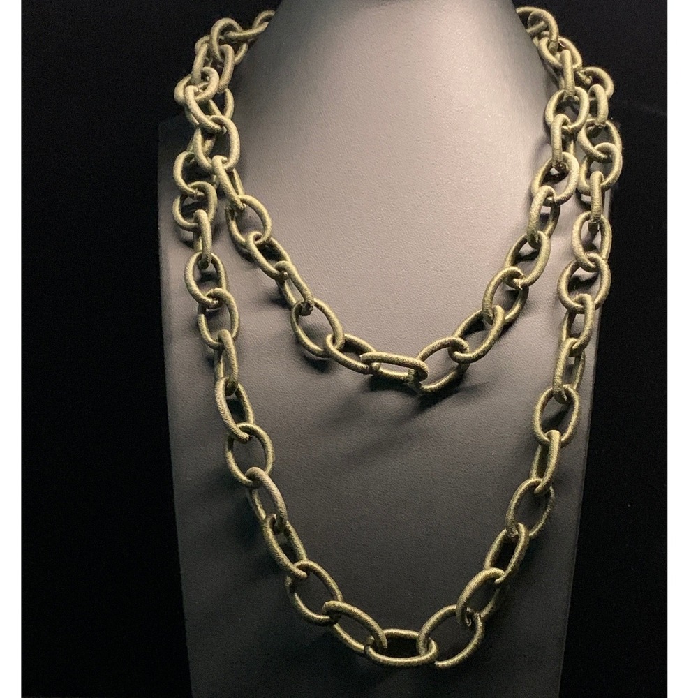 Amy Kahn Russell Necklace Olive Green Cord Wrapped Chain Link Accent 40-43in